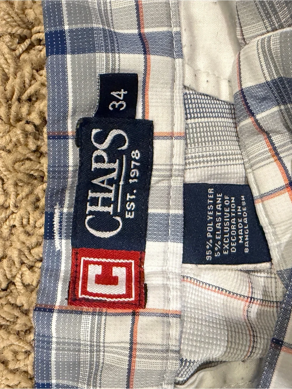 Chaps Men's Flat Front Blue Plaid Shorts Casual 9” Inseam Size 34 Pockets